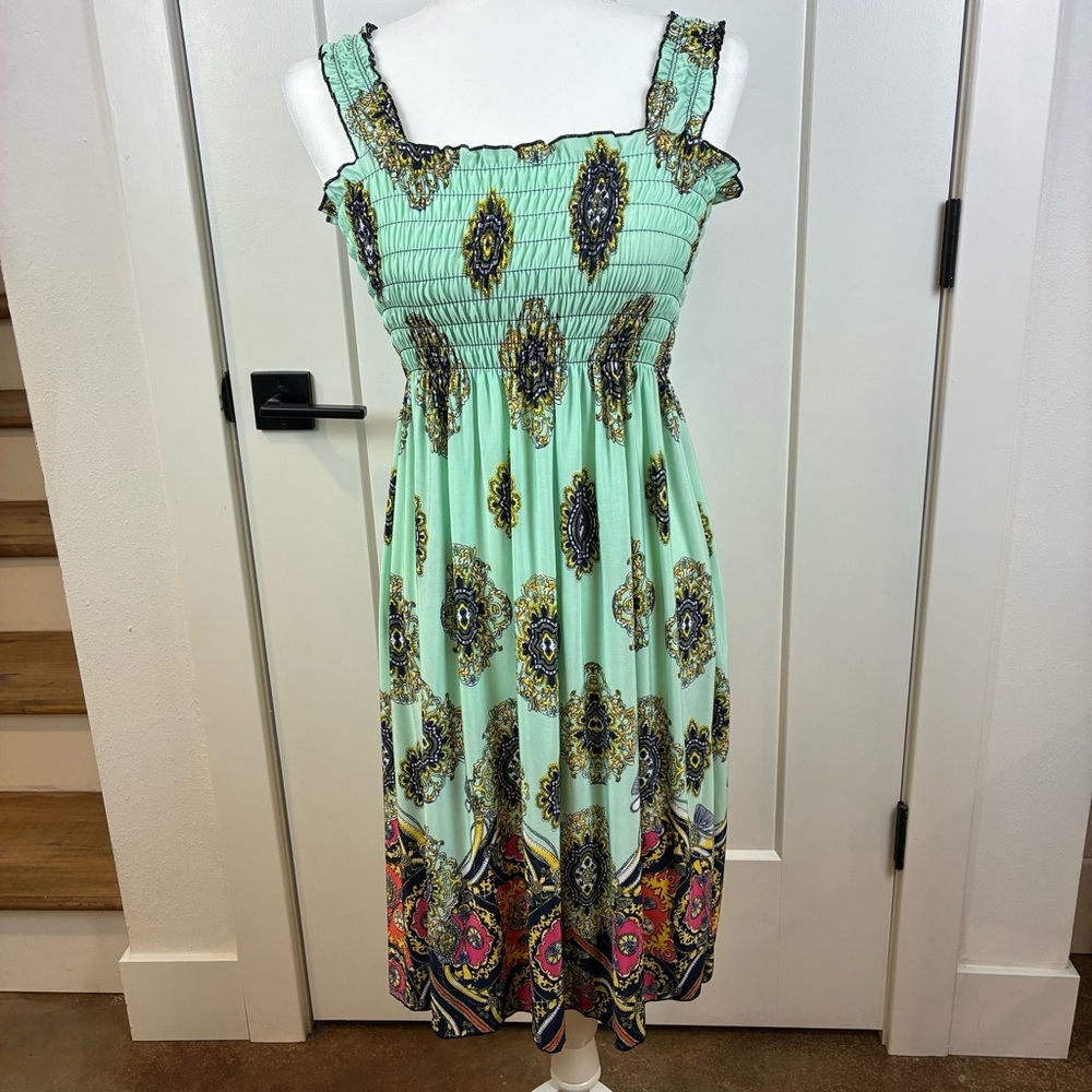 Win Win Women's Teal Smocked Sundress with Paisley Border Beach Size Small  b
